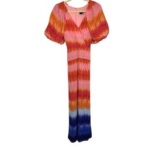 NWT Maison Tara Tie Dye Orange Blue Colorful Puff Sleeve Summer 10 Maxi Dress
